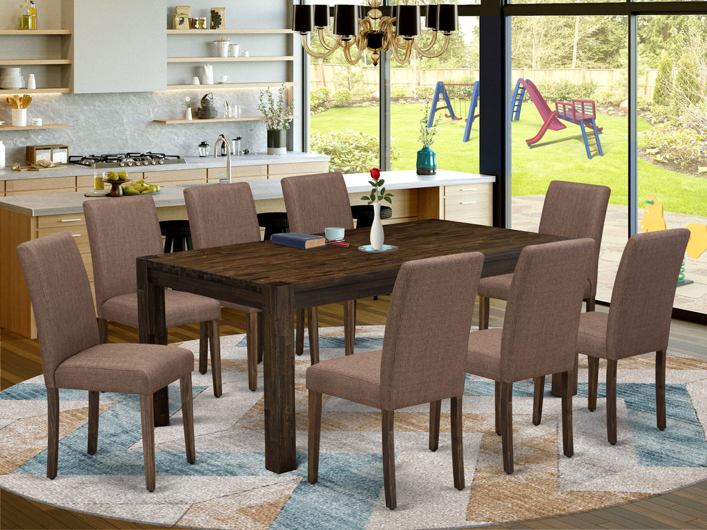 LMAB9-1D-UJ Elegant Dining Ensemble with Rustic Wood Table & Parson Chairs in Jacobean Fabric Design Set of 9
