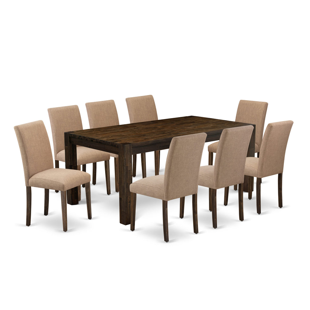 LMAB9-1D-UJ Elegant Dining Ensemble with Rustic Wood Table & Parson Chairs in Jacobean Fabric Design Set of 9