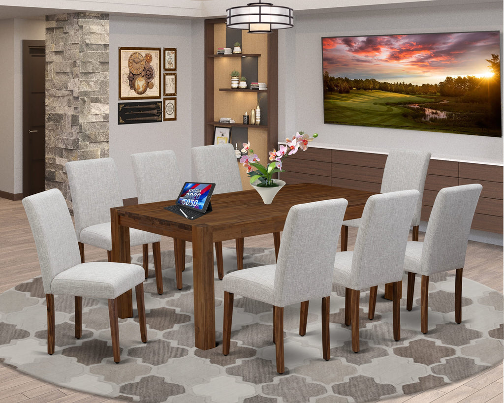 LMAB9-7E-ZY 9-Piece Dining Set with Rectangular Rustic Table and Doeskin Linen Parsons Chairs, 40x72, Walnut