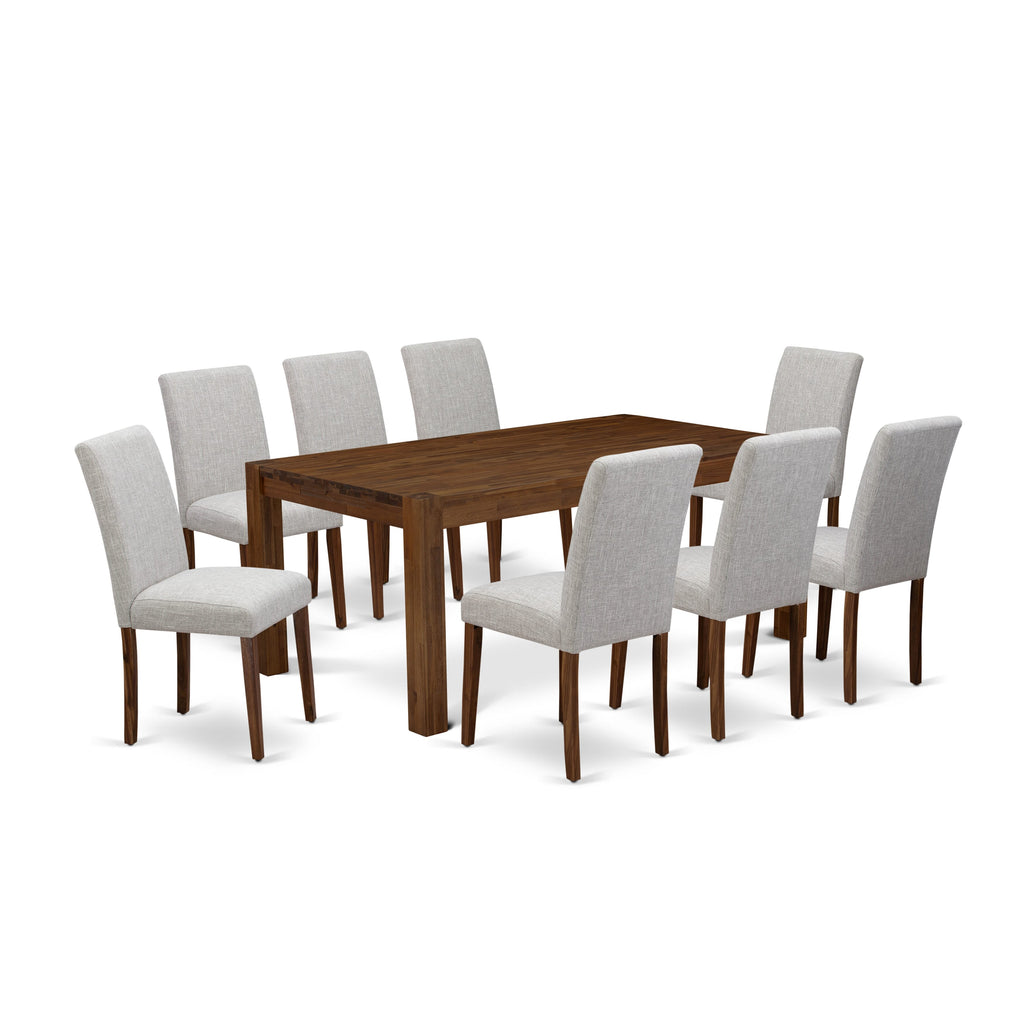 LMAB9-7E-ZY 9-Piece Dining Set with Rectangular Rustic Table and Doeskin Linen Parsons Chairs, 40x72, Walnut
