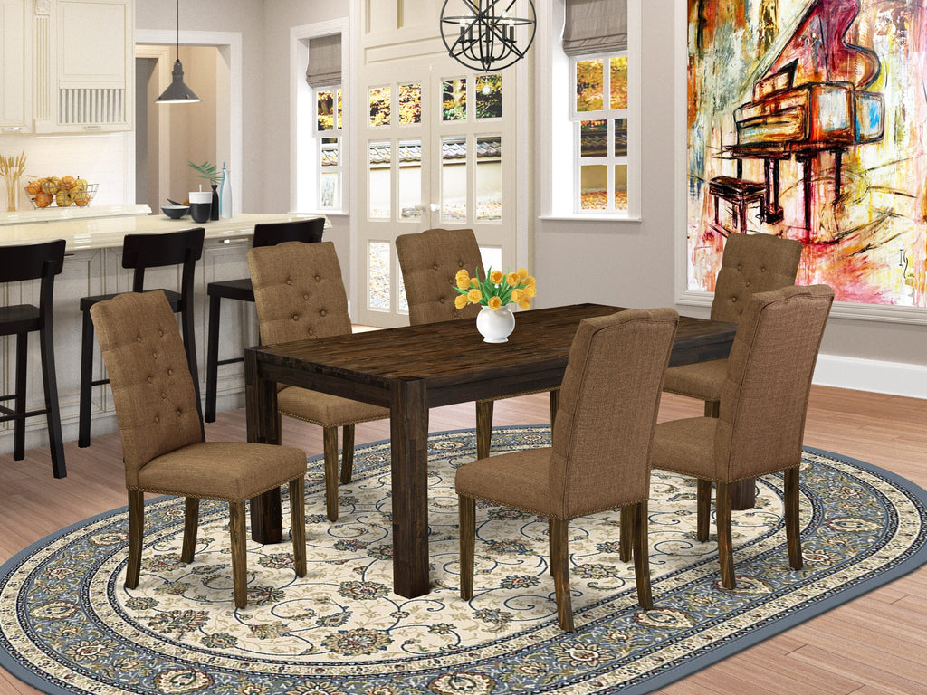 LMEL7-MS-OV 7-Piece Dining Ensemble with Rustic Table & 6 Upholstered Parson Chairs, Jacobean Finish, 40x72