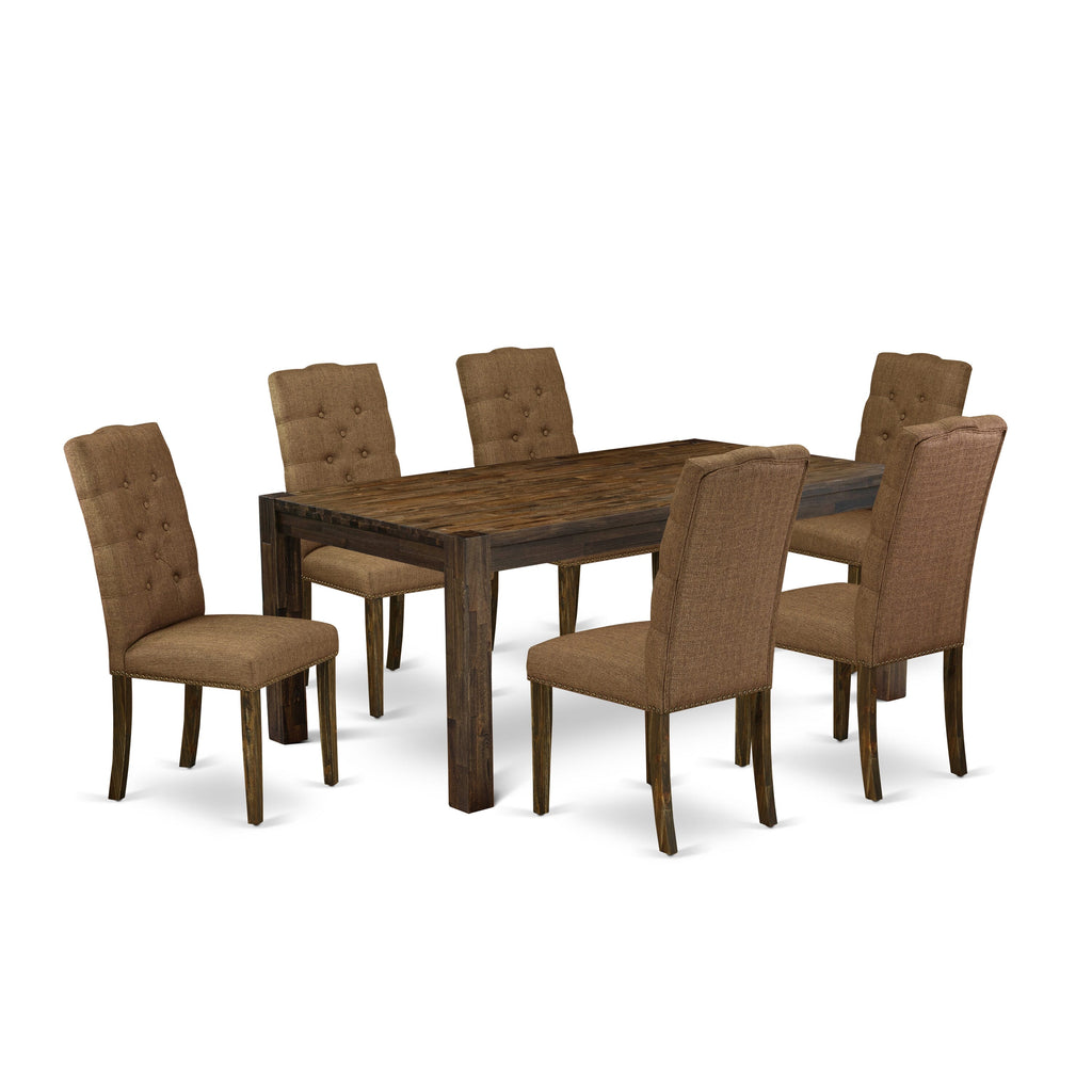 LMEL7-MS-OV 7-Piece Dining Ensemble with Rustic Table & 6 Upholstered Parson Chairs, Jacobean Finish, 40x72