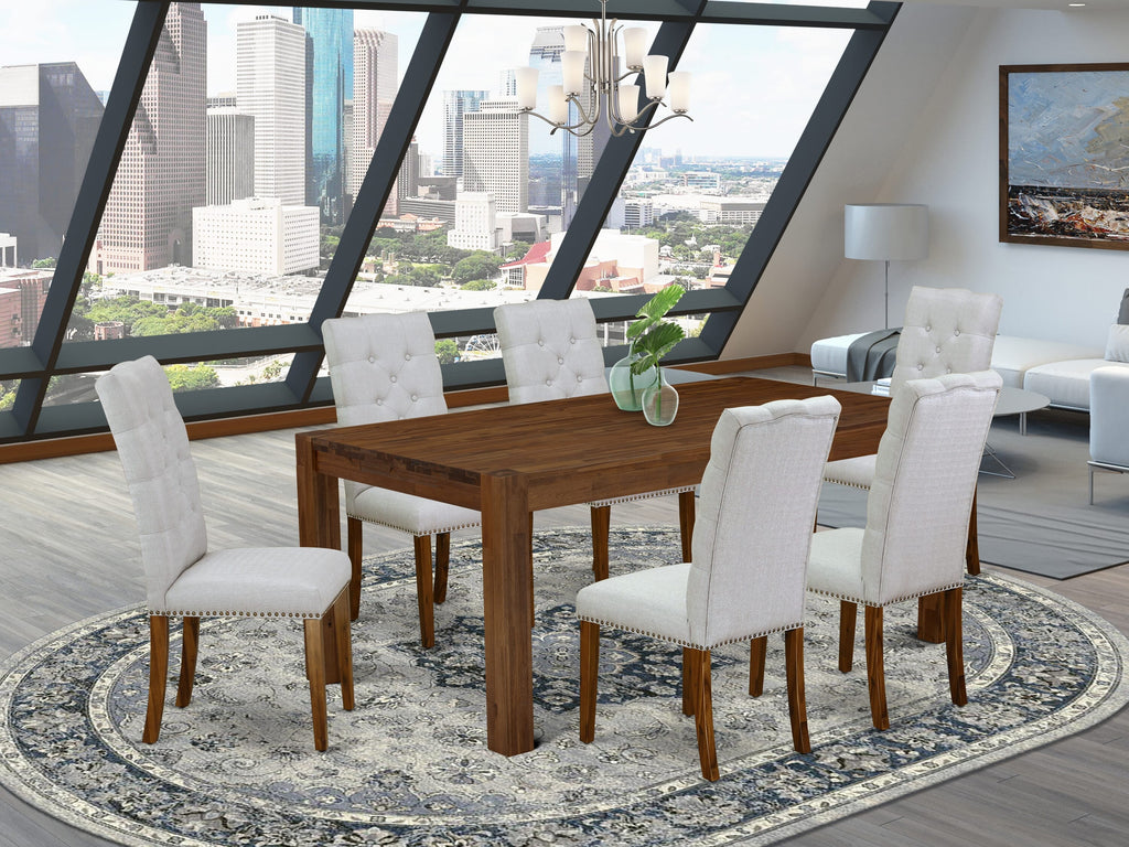 LMEL7-7I-P1 Rustic Walnut Dining Collection with 6 Upholstered Grey Linen Chairs and Rectangle Table