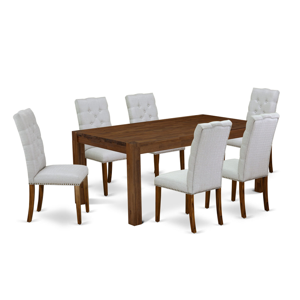 LMEL7-7I-P1 Rustic Walnut Dining Collection with 6 Upholstered Grey Linen Chairs and Rectangle Table