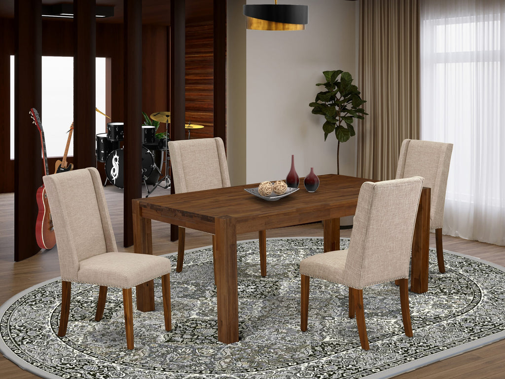 LMFL5-E1-MG 5 Seater Dining Ensemble with Rustic Wood Table and Beige Upholstered Seats, Walnut Finish