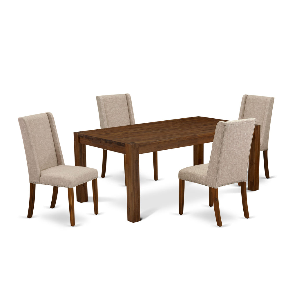 LMFL5-E1-MG 5 Seater Dining Ensemble with Rustic Wood Table and Beige Upholstered Seats, Walnut Finish