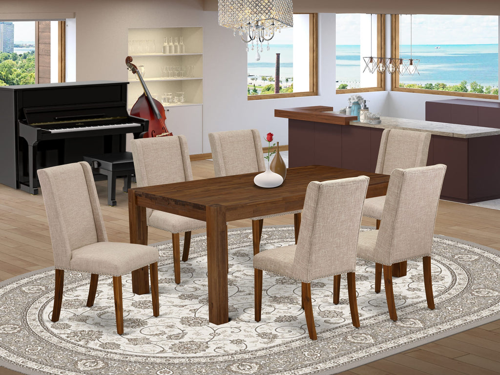 LMFL7-L4-85 - Stylish 7-Piece Dining Ensemble Including Rectangular Wood Table Surrounded by 6 Tan Upholstered Chairs, 40x72, Walnut