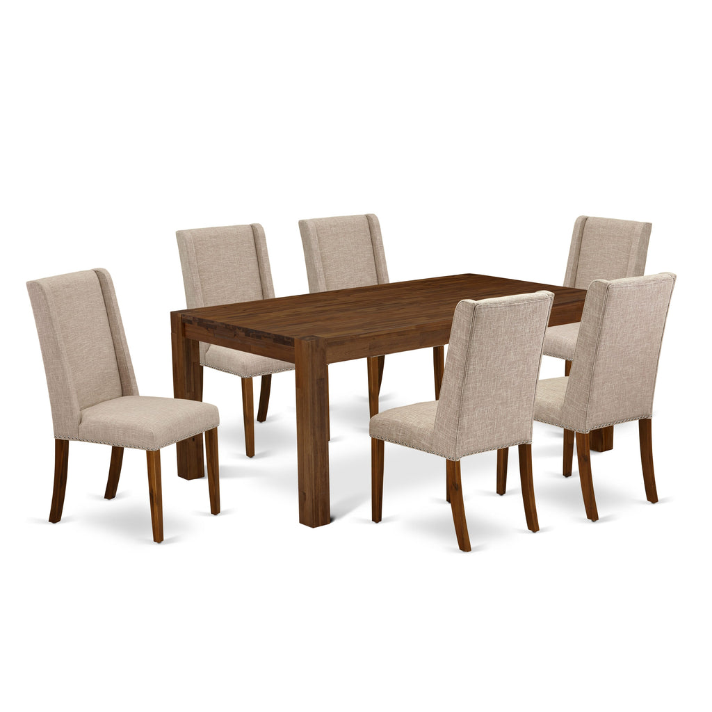 LMFL7-L4-85 - Stylish 7-Piece Dining Ensemble Including Rectangular Wood Table Surrounded by 6 Tan Upholstered Chairs, 40x72, Walnut