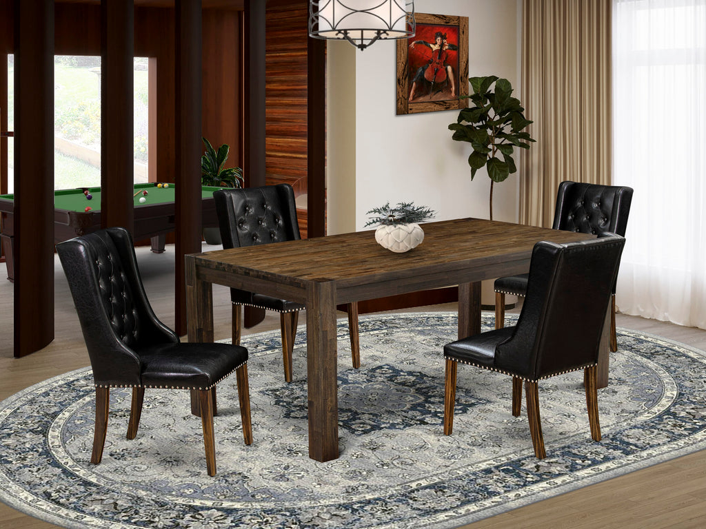 Modern 5 Pc Dining Collection LMFO5-3W-VK Classic Wood Table & 4 Luxe Black Faux Leather Seats