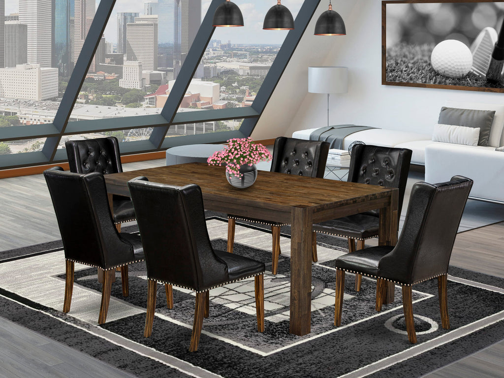 LMFO7-8A-K2 7 Piece Dining Ensemble Rustic Table & 6 Black Leatherette Chairs, 40x72 Jacobean