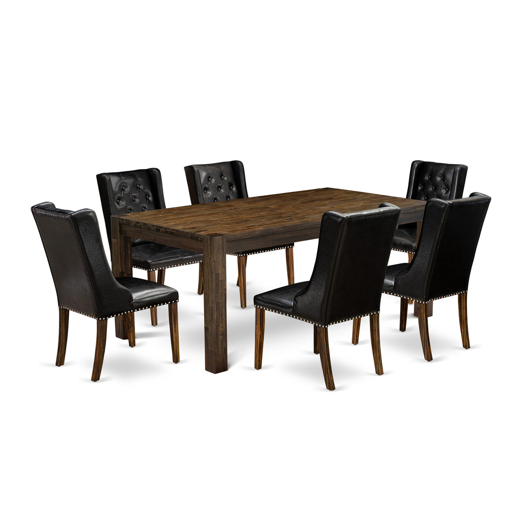 LMFO7-8A-K2 7 Piece Dining Ensemble Rustic Table & 6 Black Leatherette Chairs, 40x72 Jacobean