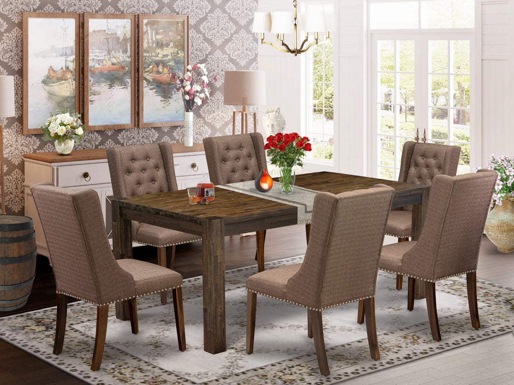 LMFO7-X5-PB 7-Piece Dining Set with Rectangular Table & Upholstered Chairs in Rustic Brown Finish, 40x72 Layout