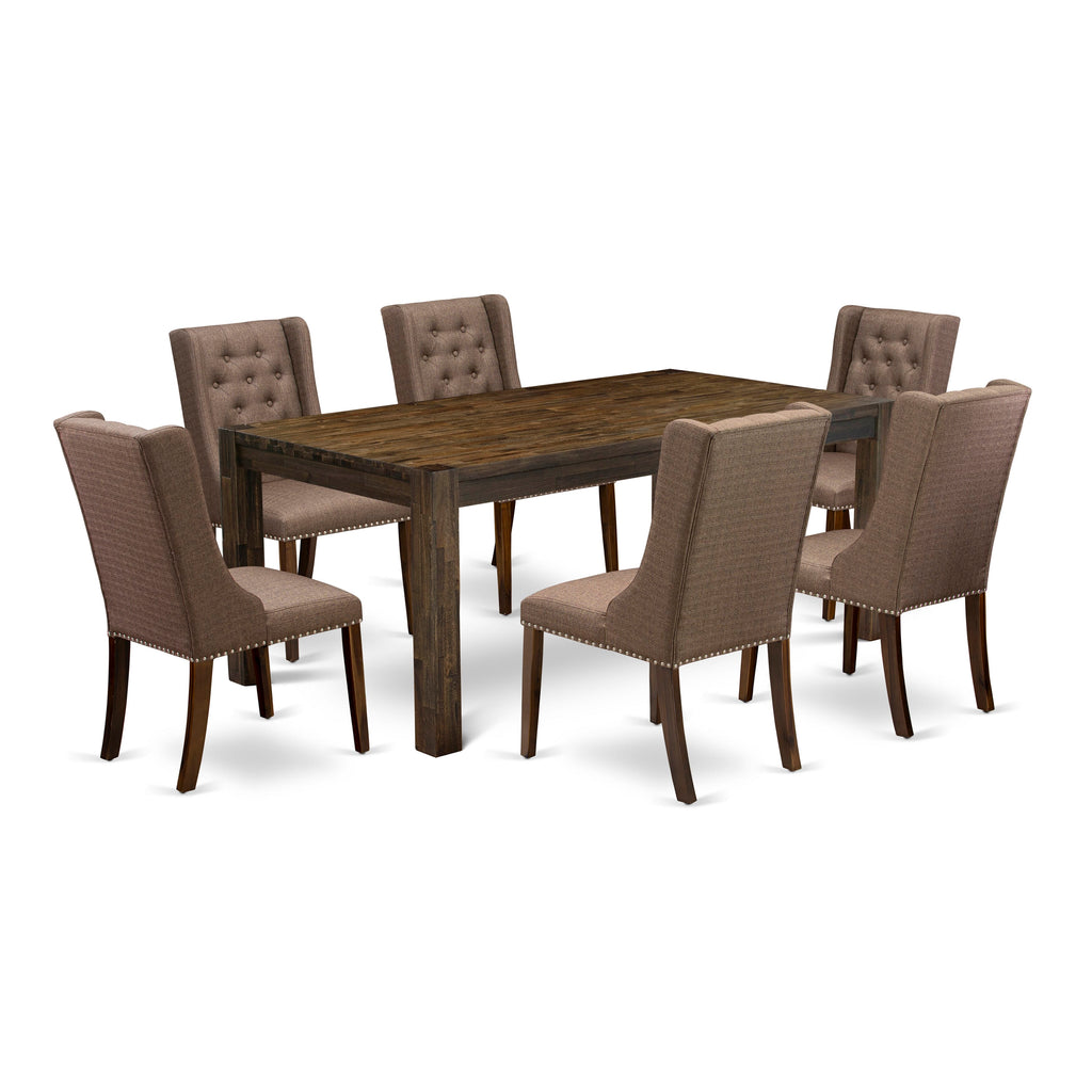 LMFO7-X5-PB 7-Piece Dining Set with Rectangular Table & Upholstered Chairs in Rustic Brown Finish, 40x72 Layout
