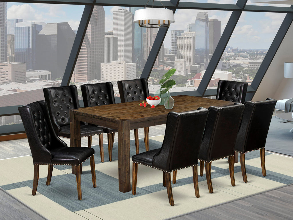 LMFO9-99-B2 Stylish Dining Ensemble - 9-Piece Set with Rustic Table & 8 Chic Black Chairs, Jacobean Finish