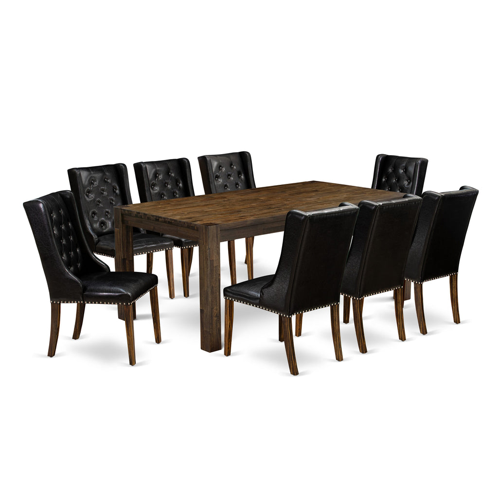 LMFO9-99-B2 Stylish Dining Ensemble - 9-Piece Set with Rustic Table & 8 Chic Black Chairs, Jacobean Finish