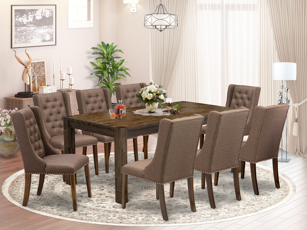 LMFO9-JI-GP 9-Piece Dining Ensemble with Rectangle Rustic Wood Table & 8 Parson Chairs in Brown Fabric, 40x72 Walnut for Kitchen