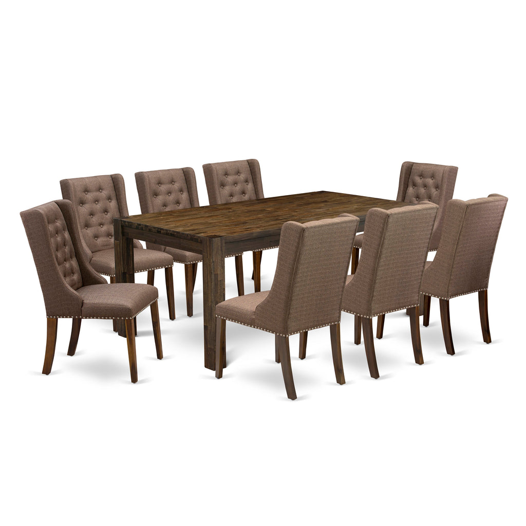LMFO9-JI-GP 9-Piece Dining Ensemble with Rectangle Rustic Wood Table & 8 Parson Chairs in Brown Fabric, 40x72 Walnut for Kitchen