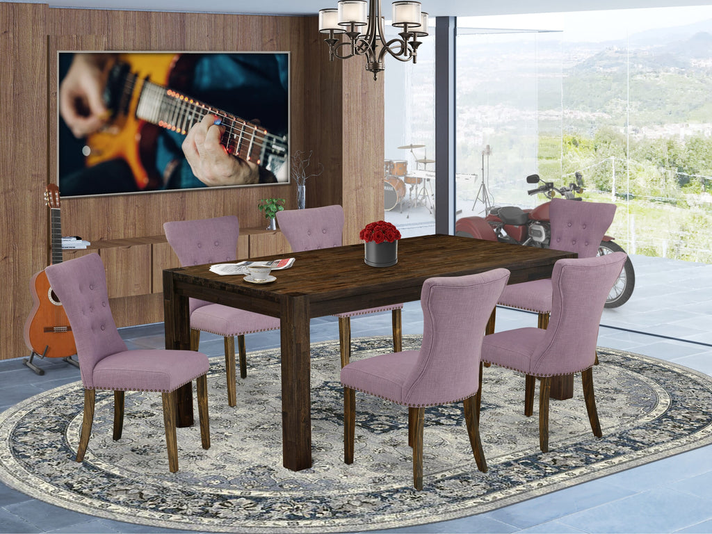 LMGA7-JB-HF 7 Piece Rustic Dining Set with Rectangle Wood Table & 6 Parson Chairs, 40x72 Jacobean Finish