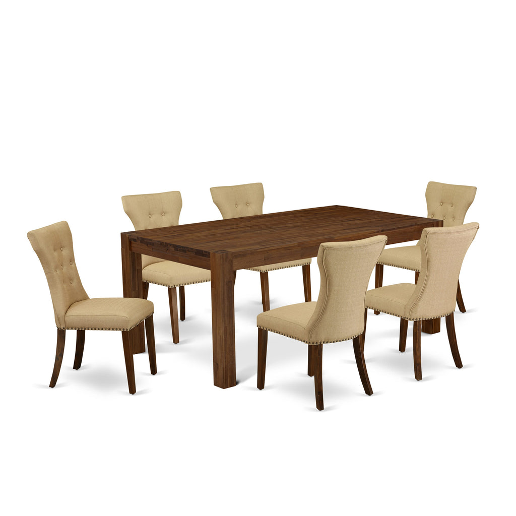 LMGA7-QP-PW 7 Piece Set Rustic Rectangular Table & 6 Brown Linen Chairs, 40x72 Walnut Elegance