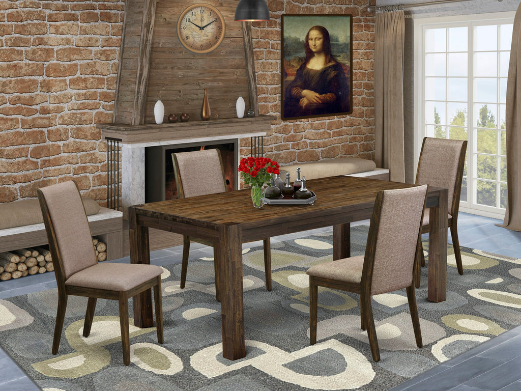 LMLA5-4F-OE 5-Piece Dining Set - Rustic Wood Table & Dark Khaki Linen Chairs, Jacobean, 40x72