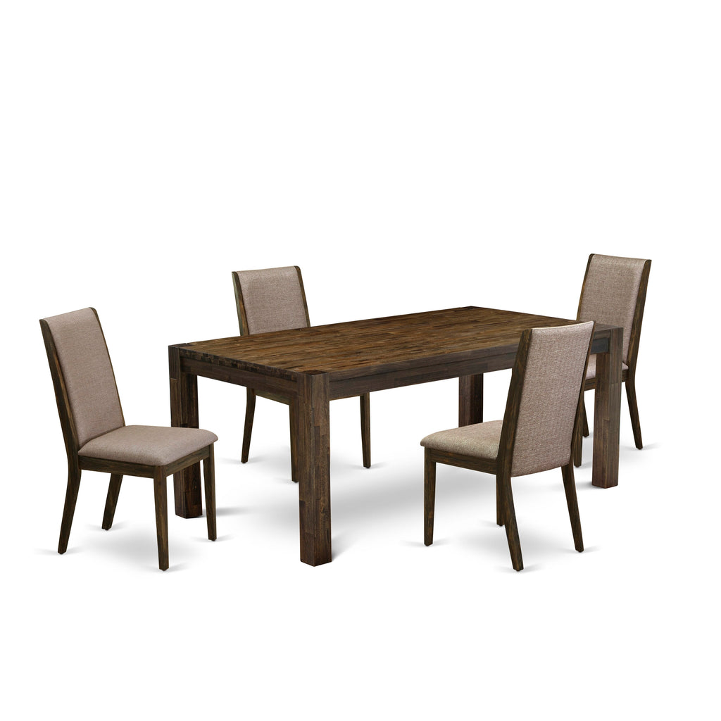 LMLA5-4F-OE 5-Piece Dining Set - Rustic Wood Table & Dark Khaki Linen Chairs, Jacobean, 40x72