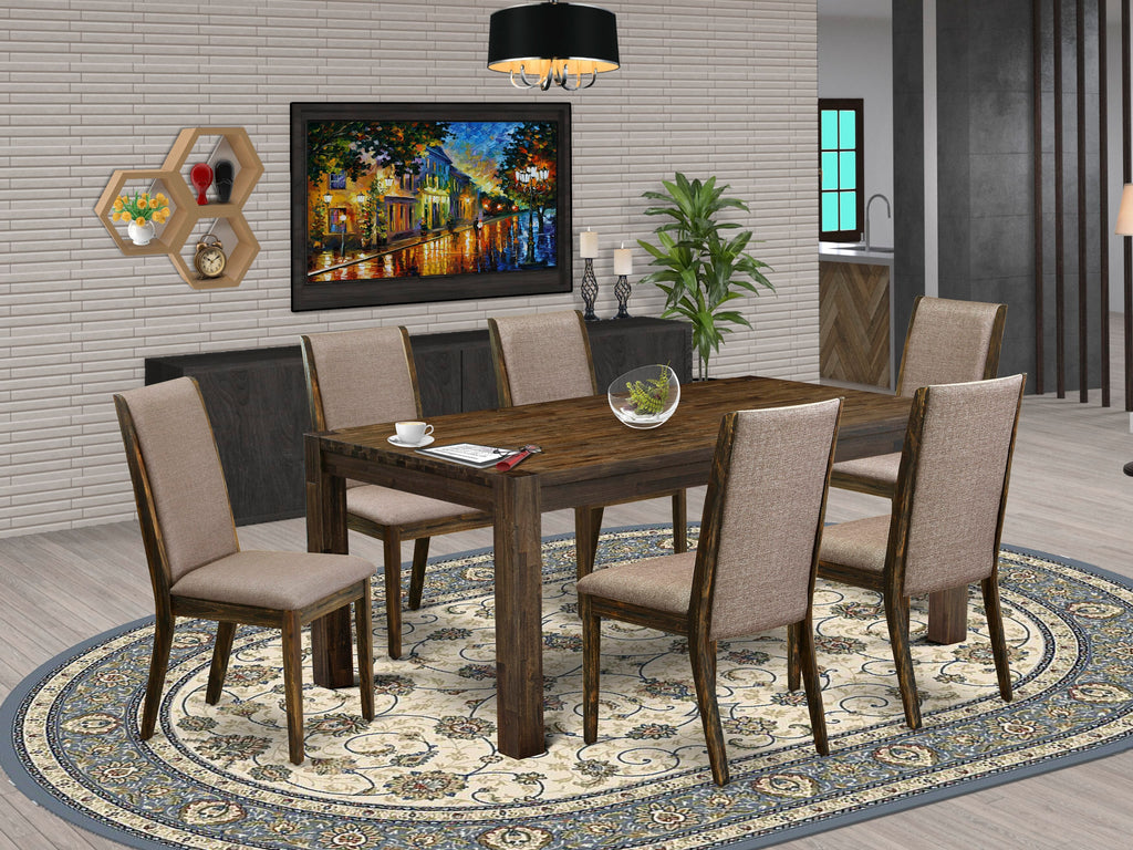 LMLA7-JP-A2 Rustic Rectangular Dining Set with Jacobean Table and Linen Khaki Chairs, 7 Pcs