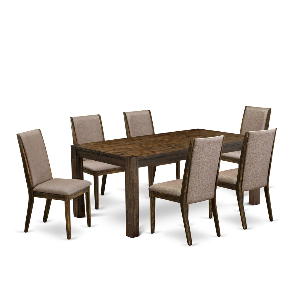 LMLA7-JP-A2 Rustic Rectangular Dining Set with Jacobean Table and Linen Khaki Chairs, 7 Pcs