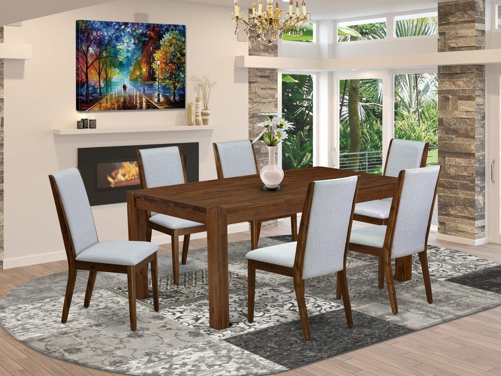 Item Code LMLA7-B1-3J 7-Piece Dining Set with Rectangle Walnut Table and Grey Fabric Parson Chairs, 40x72 Inch