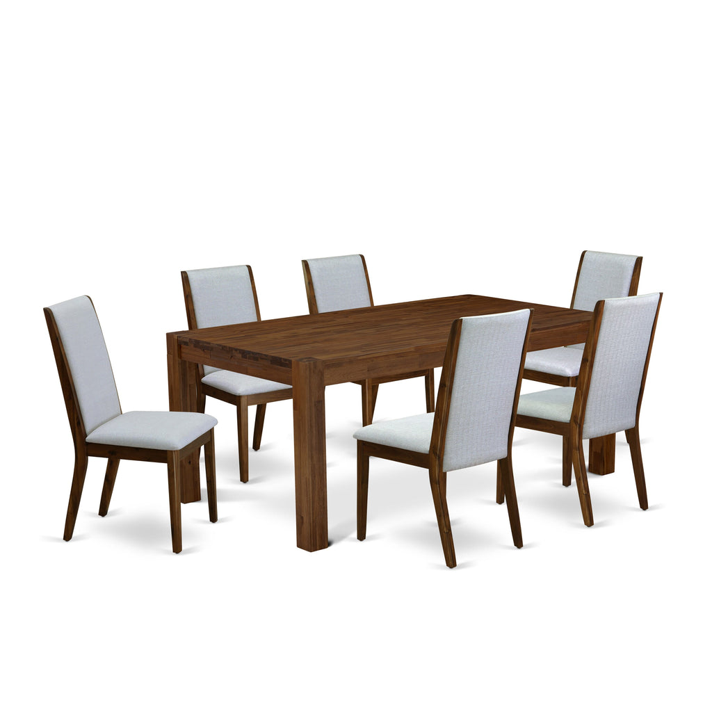 Item Code LMLA7-B1-3J 7-Piece Dining Set with Rectangle Walnut Table and Grey Fabric Parson Chairs, 40x72 Inch