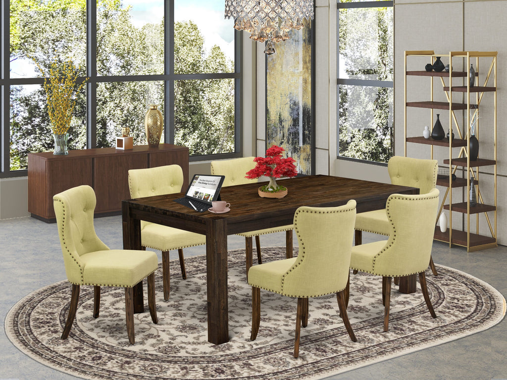 LMSI7-CK-VS 7-Piece Set with Rustic Wood Table & Limelight Upholstered Chairs, Jacobean Finish, 40x72