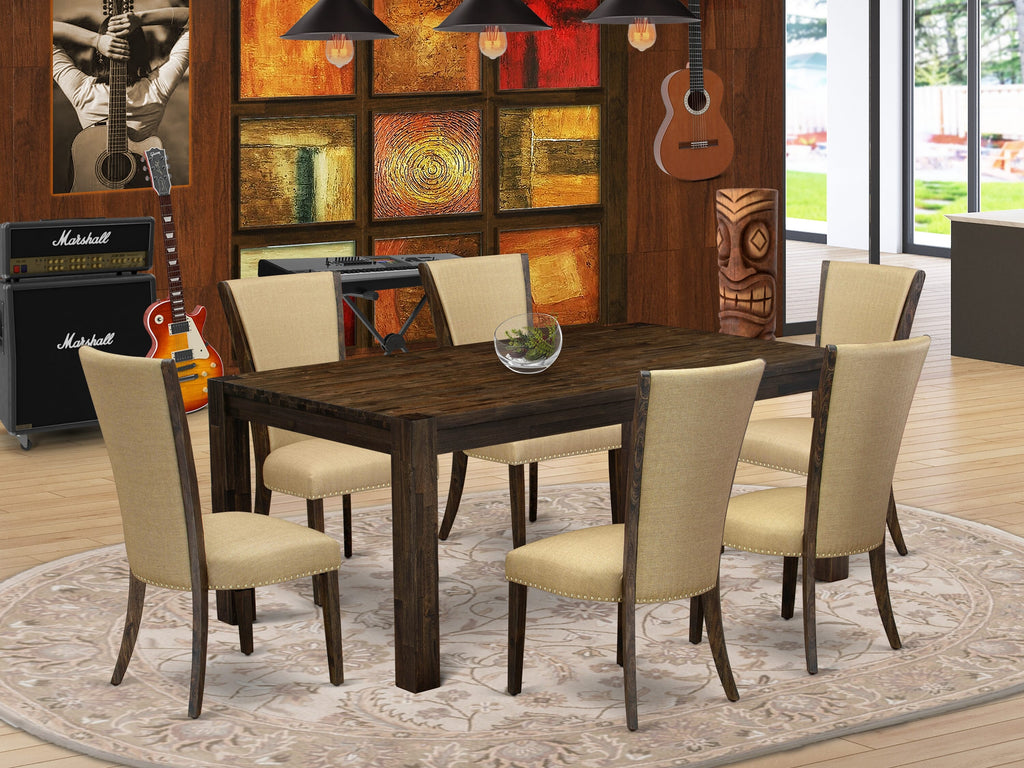 LMVE7-R4-5C 7-Piece Rustic Wood Dining Set with Rectangular Table and 6 Brown Parson Chairs, 40x72 In, Jacobean