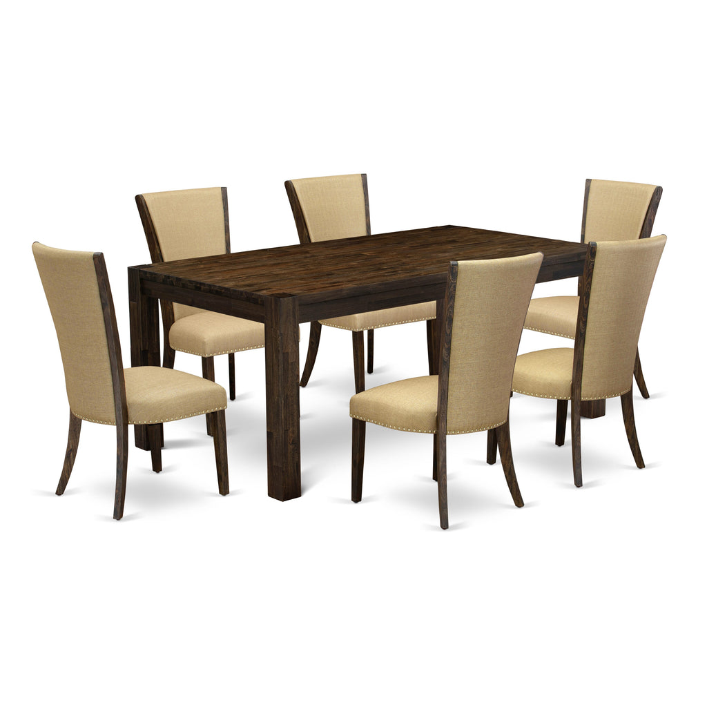 LMVE7-R4-5C 7-Piece Rustic Wood Dining Set with Rectangular Table and 6 Brown Parson Chairs, 40x72 In, Jacobean