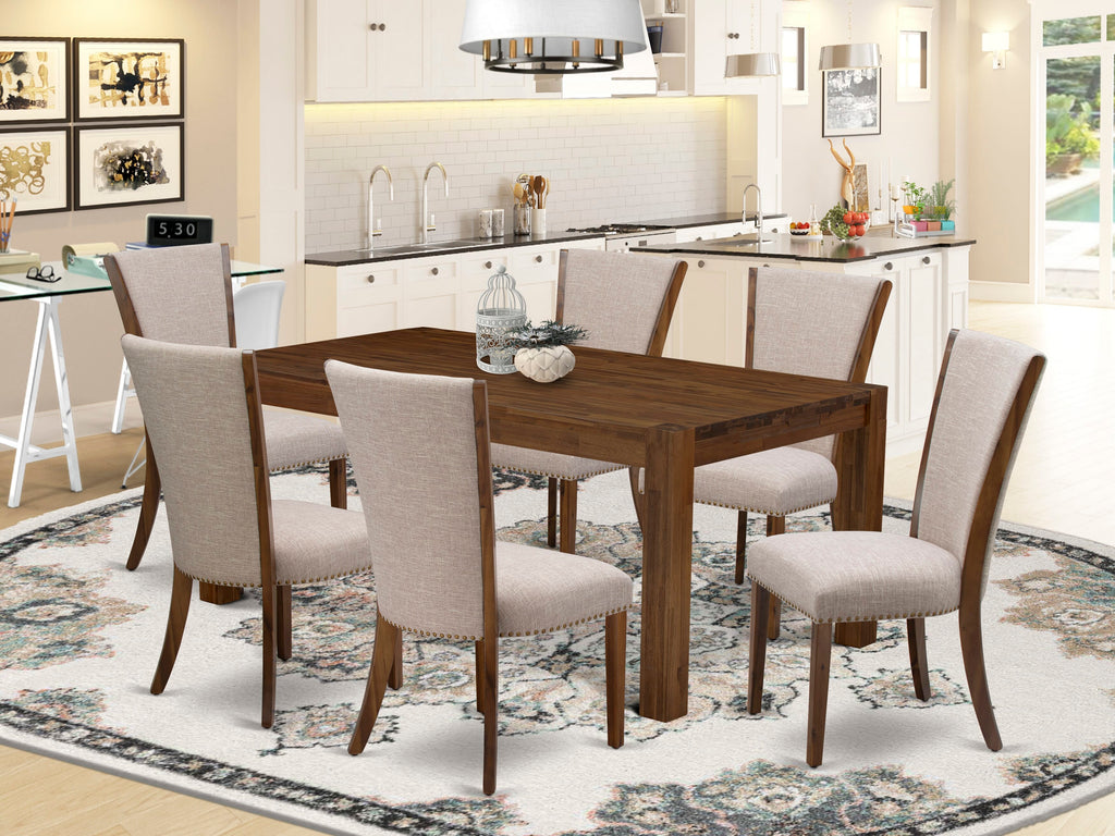 7-Piece Dining Set LMVE7-MO-G0 with Rustic Wood Table & 6 Light Tan Upholstered Chairs, 40x72 In., Walnut Finish