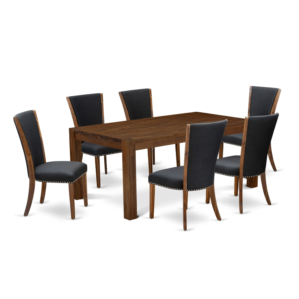 Chic Set LMVE7-5X-E6 7-Piece Dining Ensemble with a Natural Rectangle Classic Wood Table & 6 Elegant Black Fabric Chairs, 40x72
