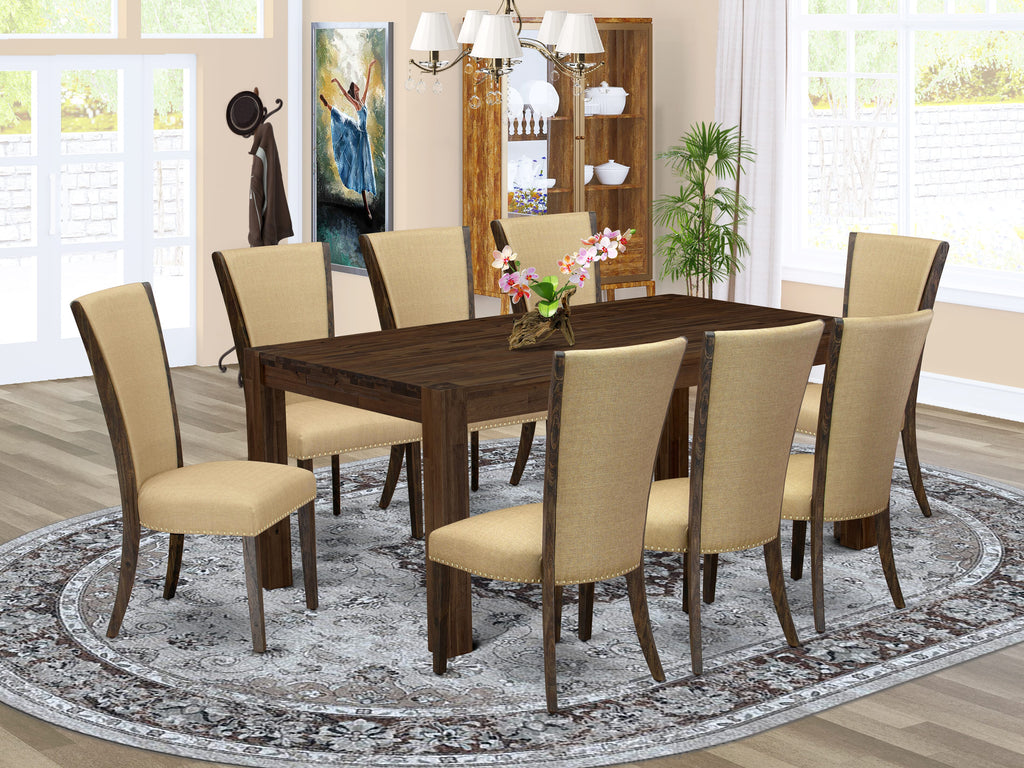 Create a Cozy Dining Experience with  LMVE9-PA-09 Rustic Wood Table & 8 Linen Fabric Chairs Set