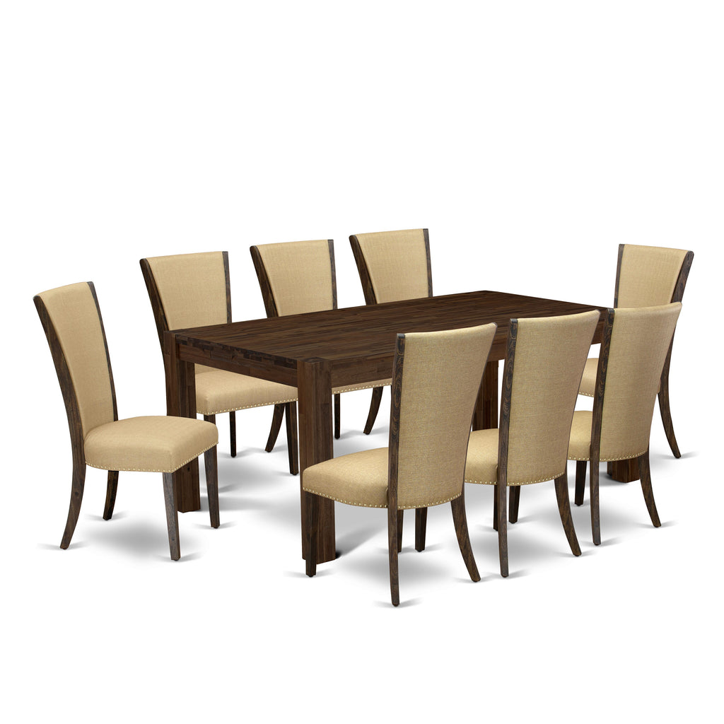 Create a Cozy Dining Experience with  LMVE9-PA-09 Rustic Wood Table & 8 Linen Fabric Chairs Set