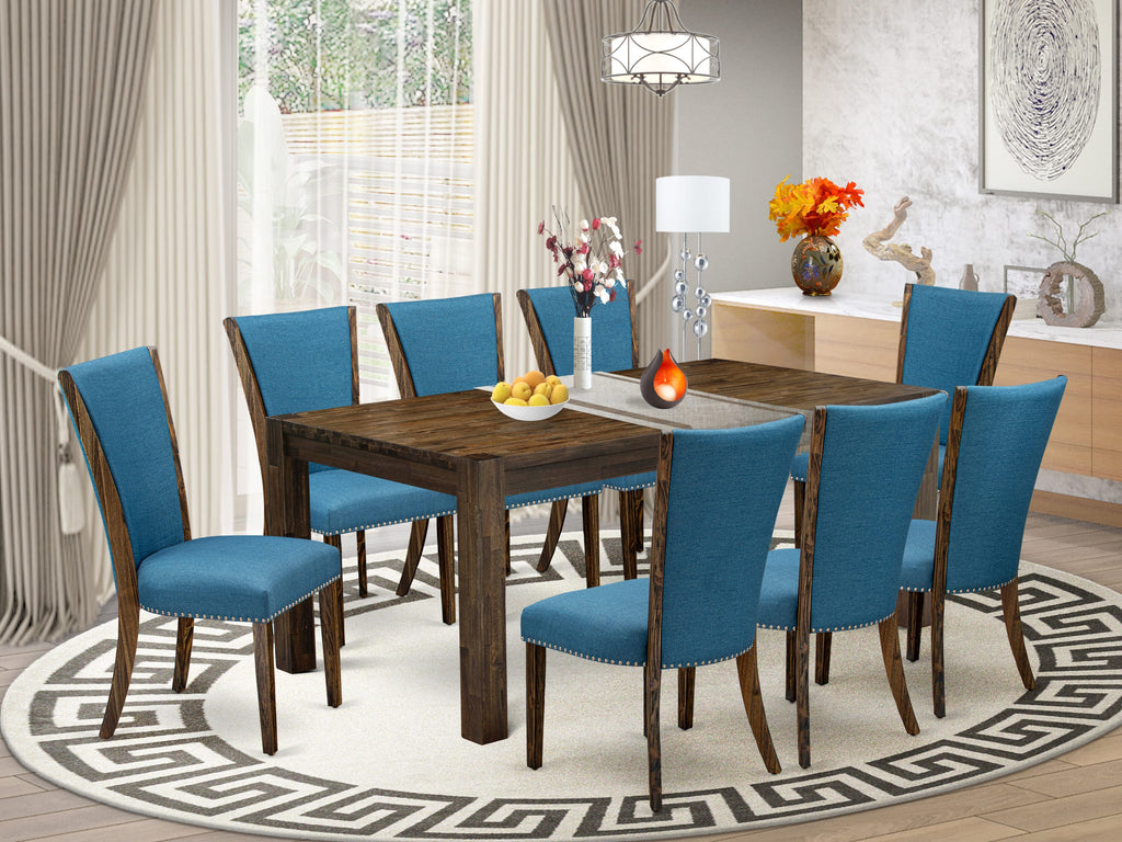 LMVE9-RR-Q4 Elegant 9-Piece Dining Set Rustic Table & 8 Blue Upholstered Chairs, 40x72 Inch, Jacobean