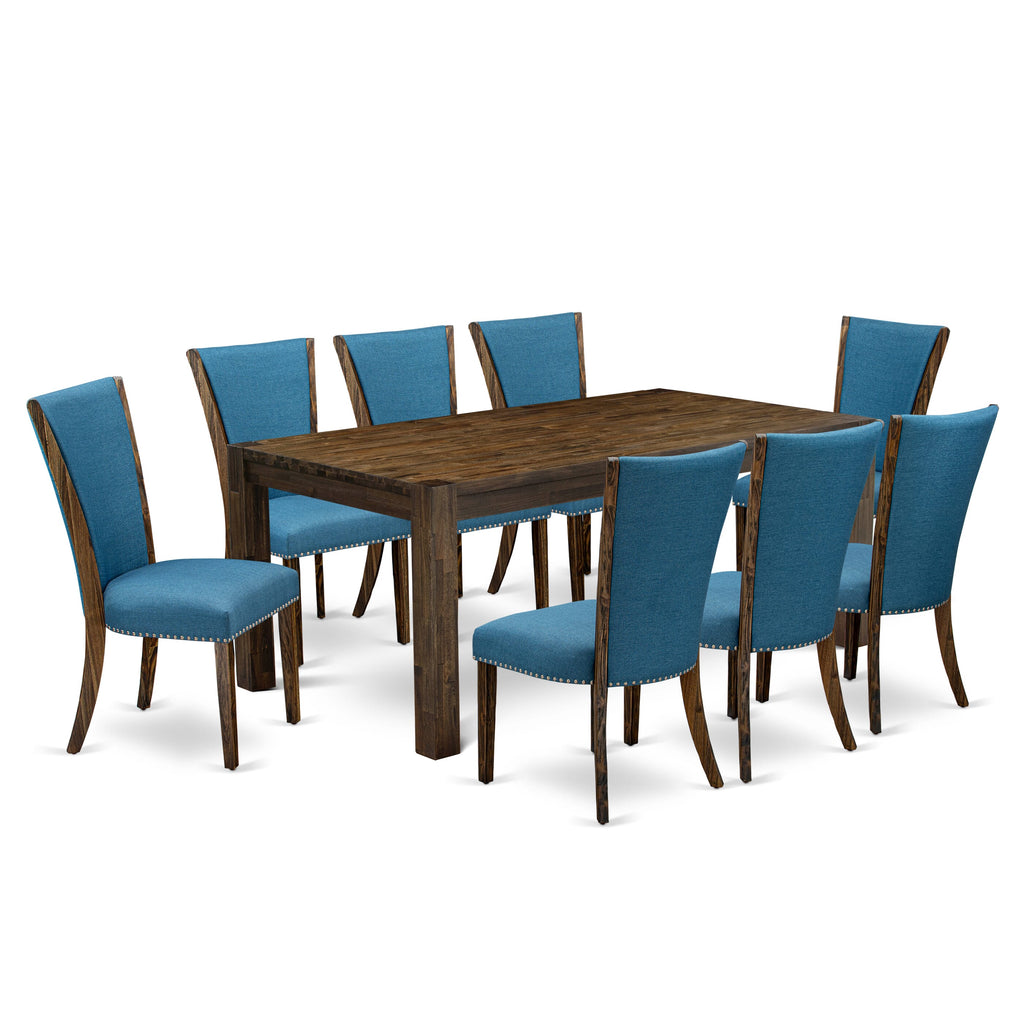 LMVE9-RR-Q4 Elegant 9-Piece Dining Set Rustic Table & 8 Blue Upholstered Chairs, 40x72 Inch, Jacobean