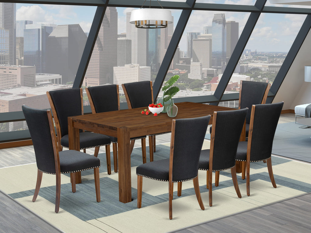 LMVE9-34-UN 9-Piece Rectangular Rustic Dining Table Set with 8 Sleek Black Linen Parsons Chairs, Walnut