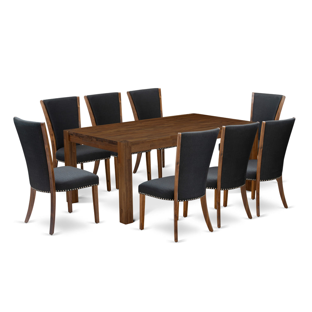 LMVE9-34-UN 9-Piece Rectangular Rustic Dining Table Set with 8 Sleek Black Linen Parsons Chairs, Walnut