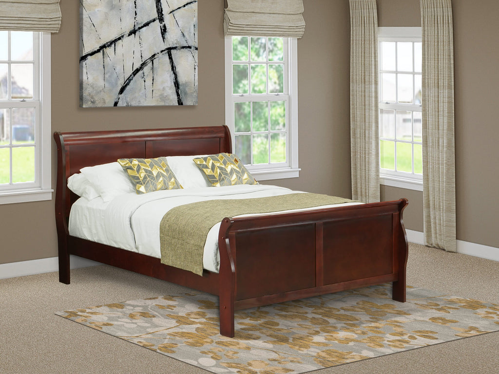 LP03-QIEBYV Lavish Louis Queen Bed in Rich Walnut Finish - Elegance Redefined
