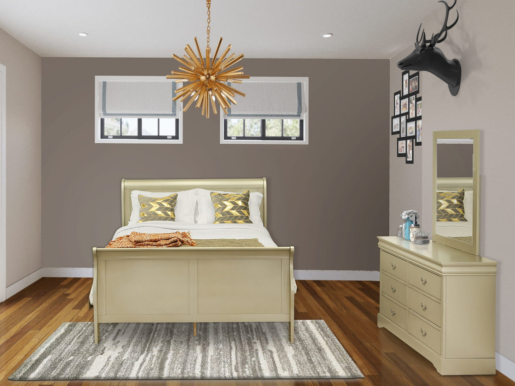 LP04-CBB396 Glamorous Metallic Gold Queen Bedroom Ensemble with Bed, Mirror-Decked Dresser & More
