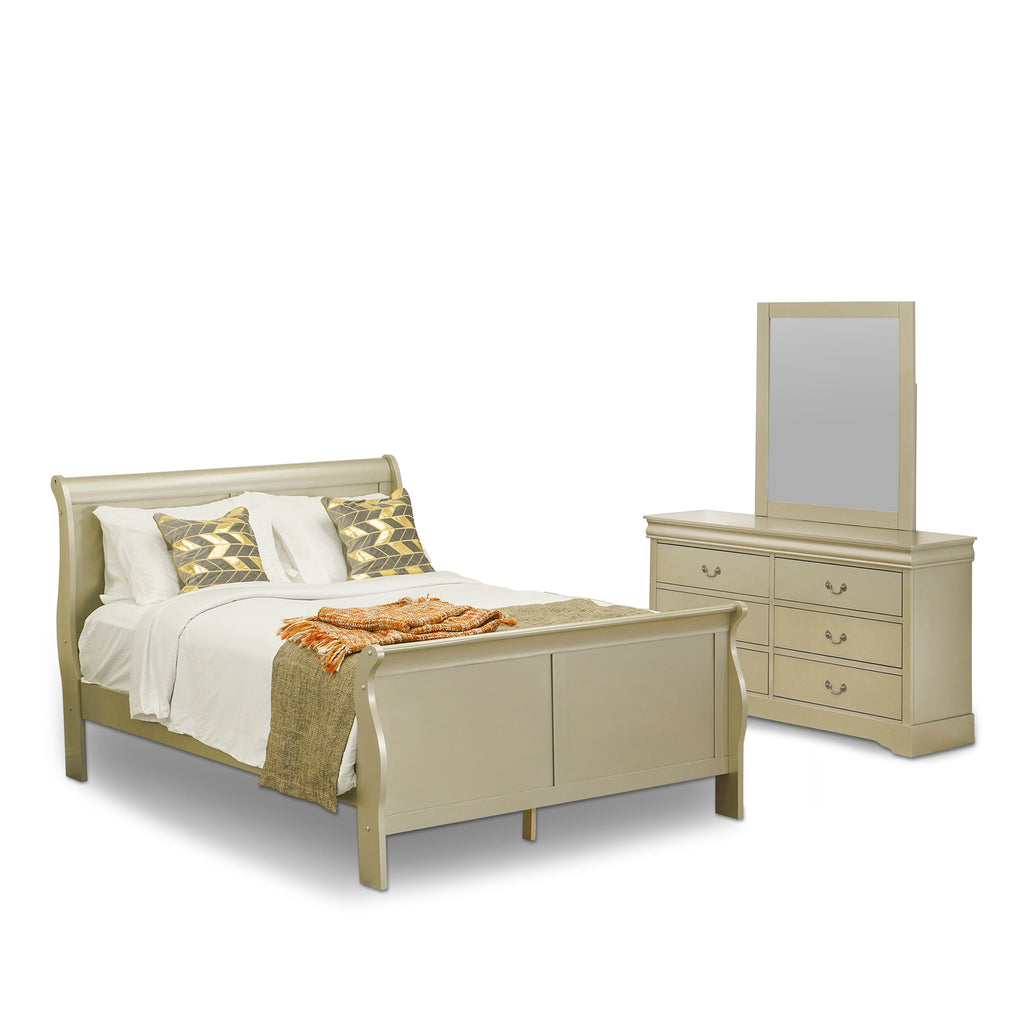 LP04-CBB396 Glamorous Metallic Gold Queen Bedroom Ensemble with Bed, Mirror-Decked Dresser & More