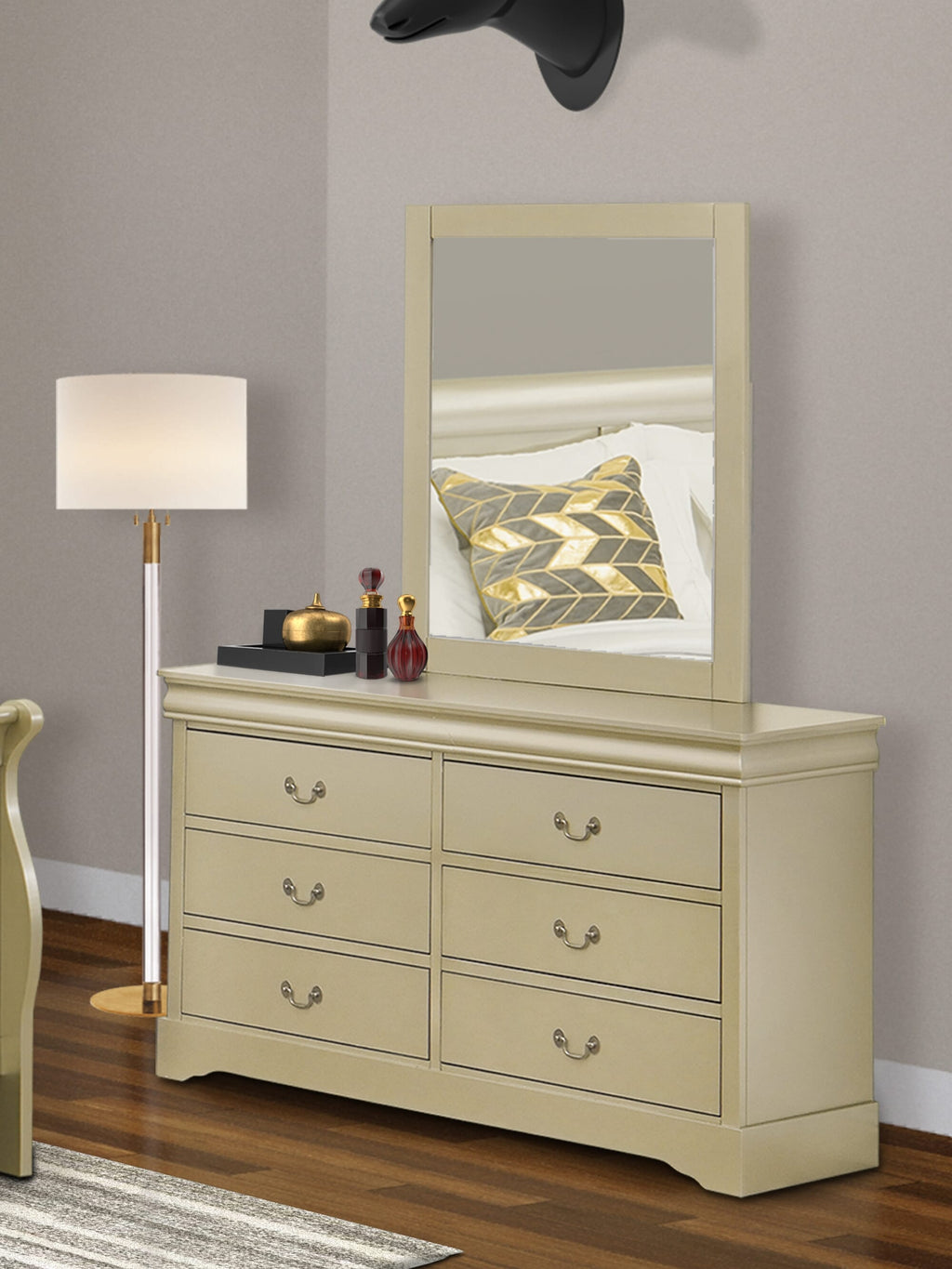 LP2-0R Elegant Walnut Finish Louis Philippe Style Mirror and Dresser Combination