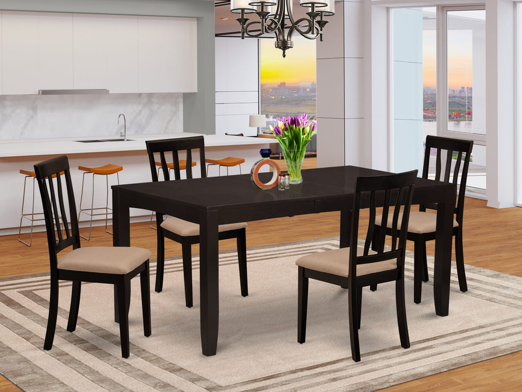 LYAN5-QJ8-D 5-Piece Dining Ensemble — Elegant Table with Butterfly Extension & 4 Comfortable Chairs, 36x66, Cozy Cappuccino