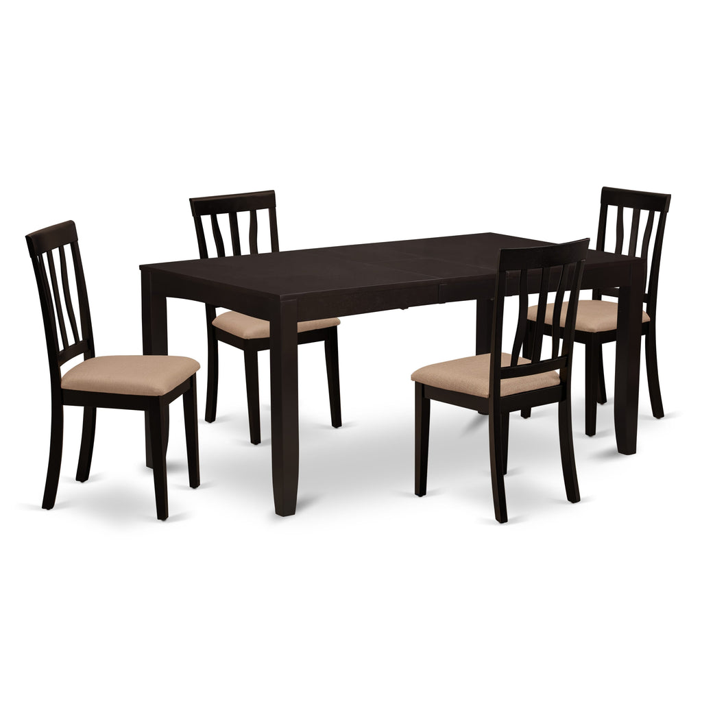 LYAN5-QJ8-D 5-Piece Dining Ensemble — Elegant Table with Butterfly Extension & 4 Comfortable Chairs, 36x66, Cozy Cappuccino