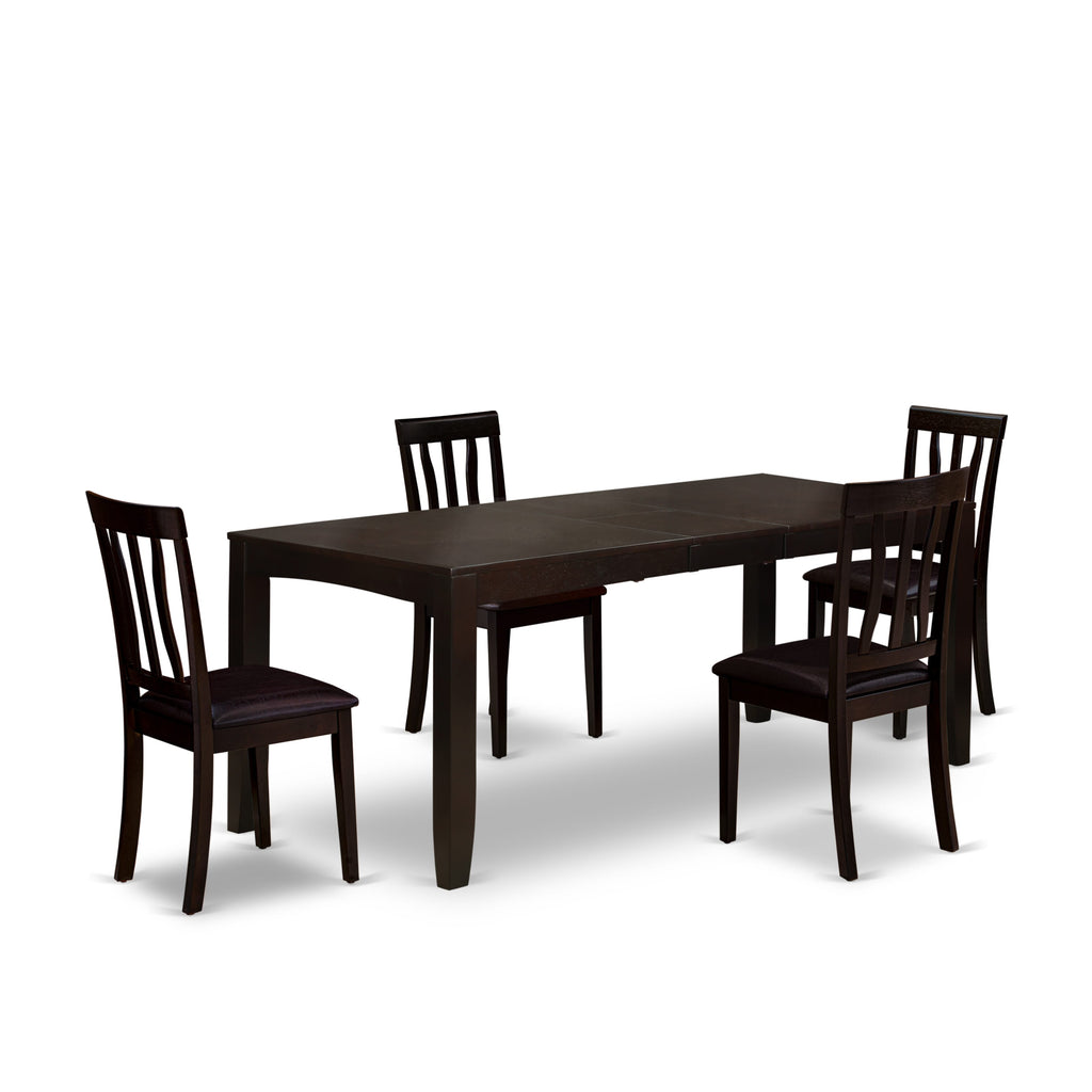 LYAN5-920-BW 5 Pc Set Rectangular Table w/Butterfly Extension + 4 Faux Leather Chairs, Cappuccino 36x66