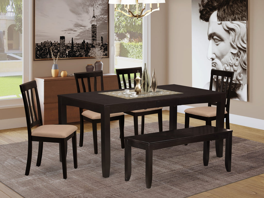 LYAN6-3V3-Q 6-Piece Dining Ensemble with Butterfly-Leaf Table, 4 Upholstered Seats & Bench, Cappuccino - 36x66 inches