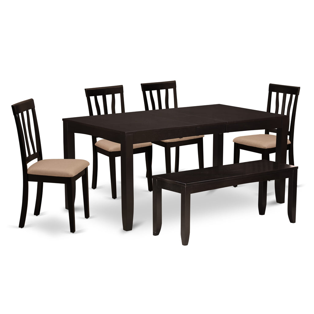 LYAN6-3V3-Q 6-Piece Dining Ensemble with Butterfly-Leaf Table, 4 Upholstered Seats & Bench, Cappuccino - 36x66 inches