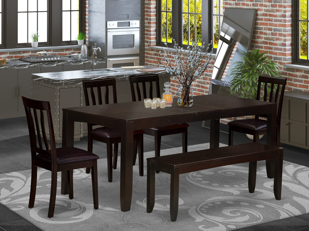 Add Elegance to Your Dining Space with  LYAN6-AYA-W6, 6-Piece Rectangular Dining Table Set Featuring Butterfly Leaf & Faux Leather Chairs Accompanied by a Versatile Bench, in Rich Cappuccino Finish